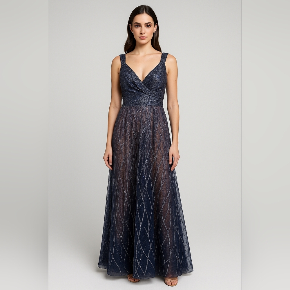 Rene Ruiz Collection‎ Slate Blue Glitter Mesh Gown L1882 Size 14